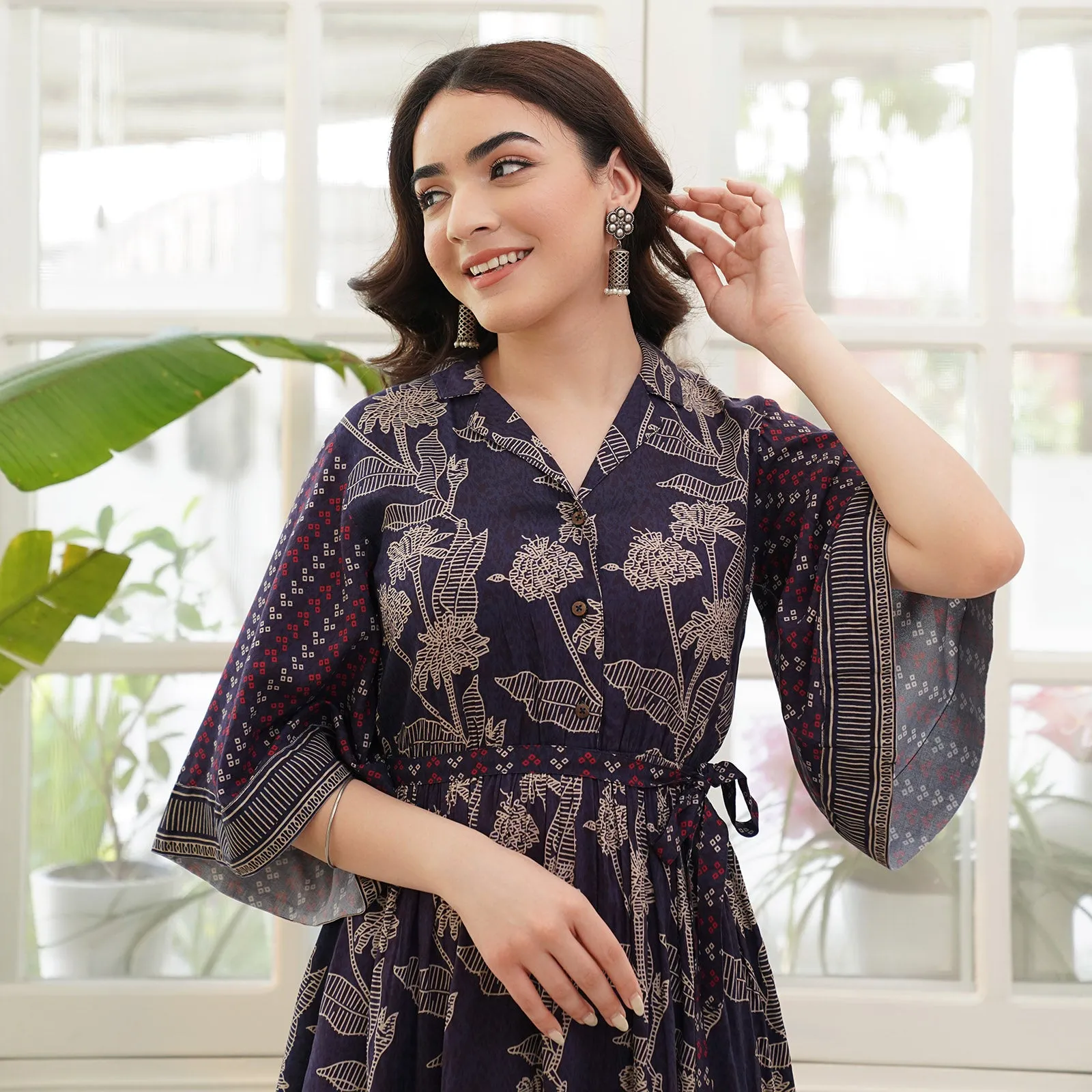 Navy Blue Flared Sleeves Dress with Belt Detail & Pockets