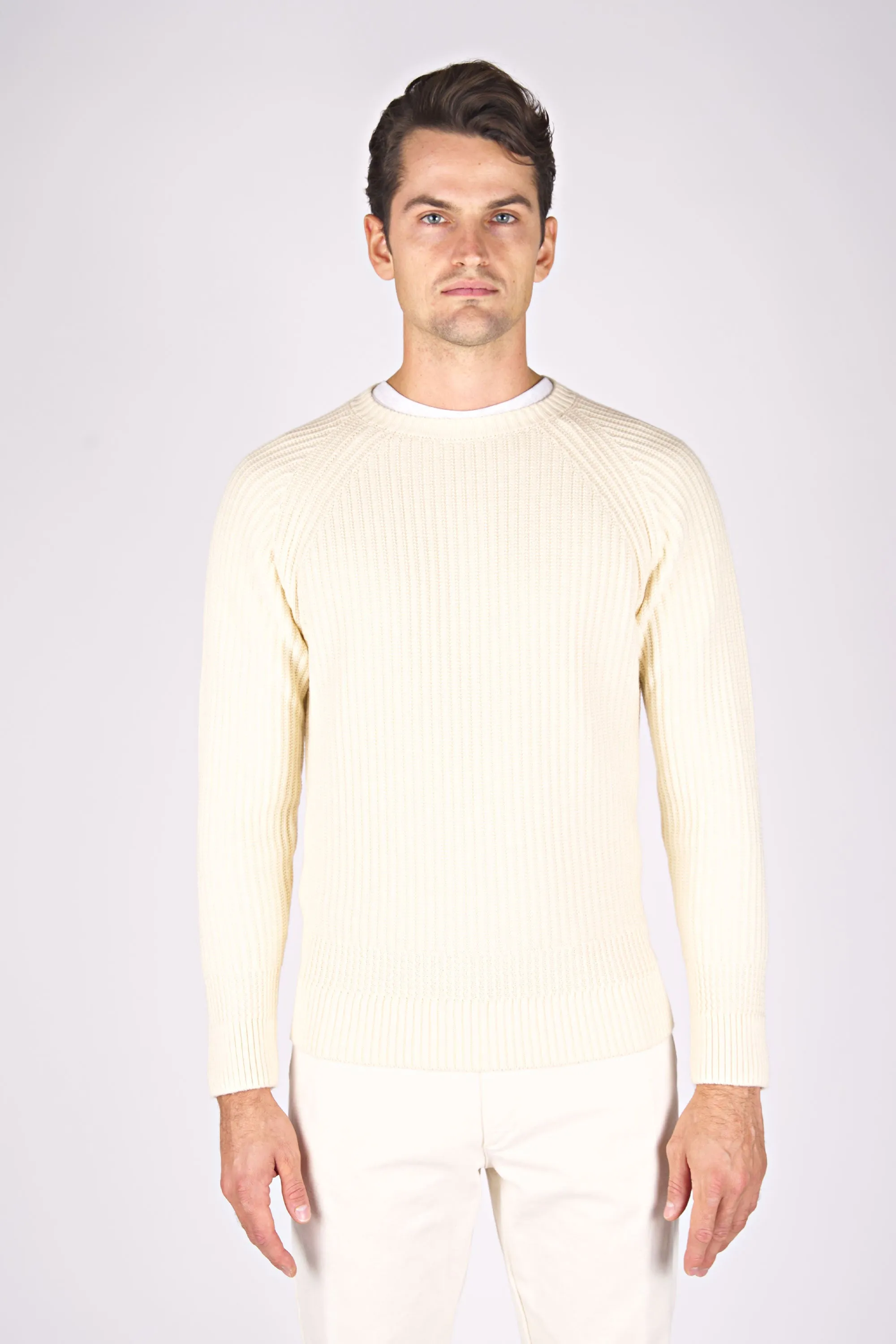 Ribbed Wool Crew Neck Raglan Sweater