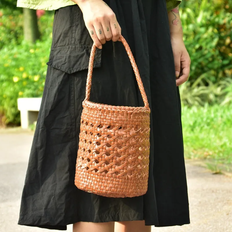 Simple Cowhide Hollowed Out Bucket Bag Cylinder Bag