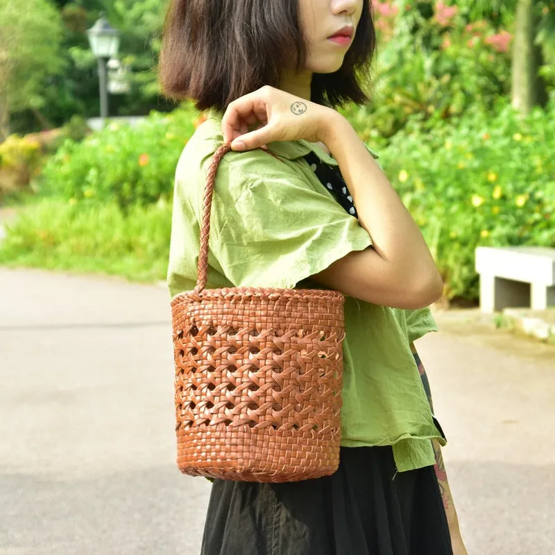 Simple Cowhide Hollowed Out Bucket Bag Cylinder Bag