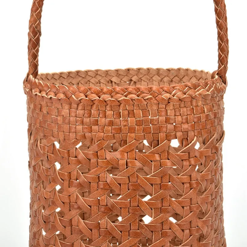 Simple Cowhide Hollowed Out Bucket Bag Cylinder Bag