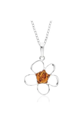 Sterling Silver Amber Flower Pendant