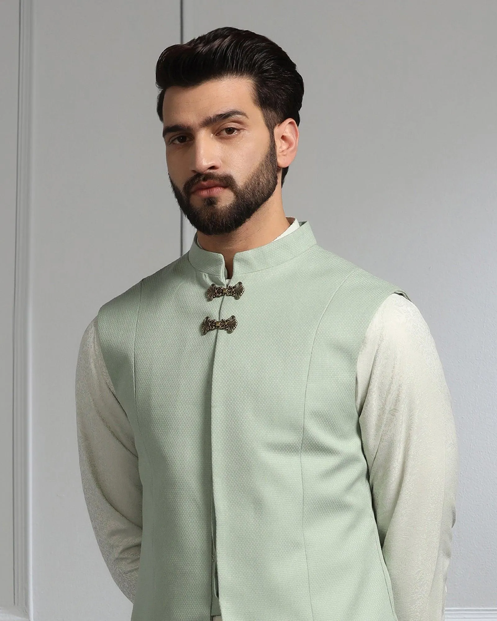 Swarn Three Piece Green Textured Achkan Set - Dodget