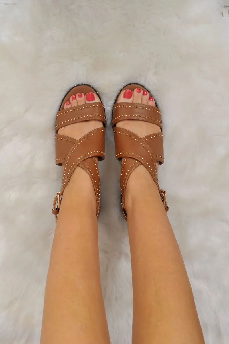 Tan PU Studded Cross Over Sandals - Aubrie