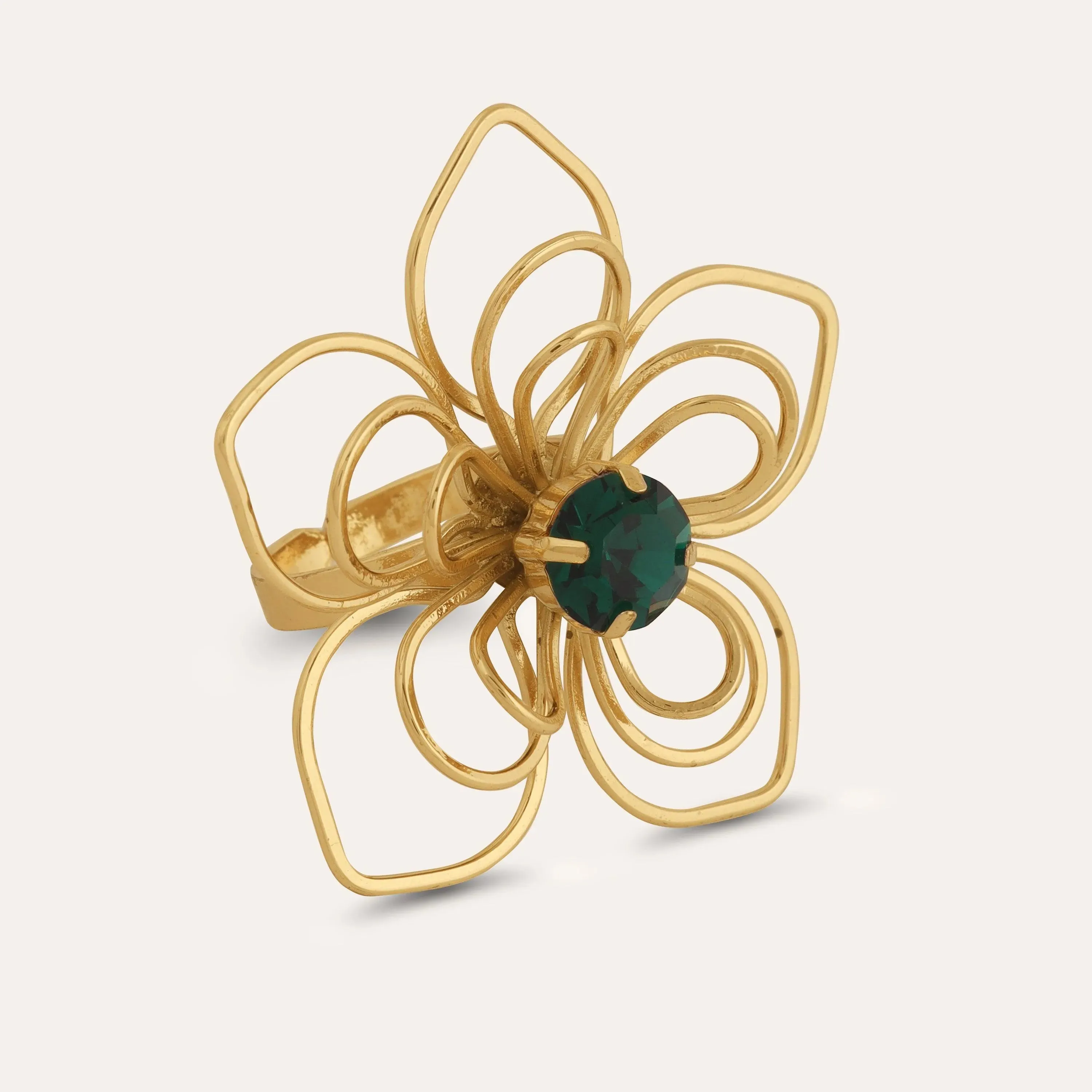 TFC 24K Floral Emerald Statement Gold Plated Adjustable Ring