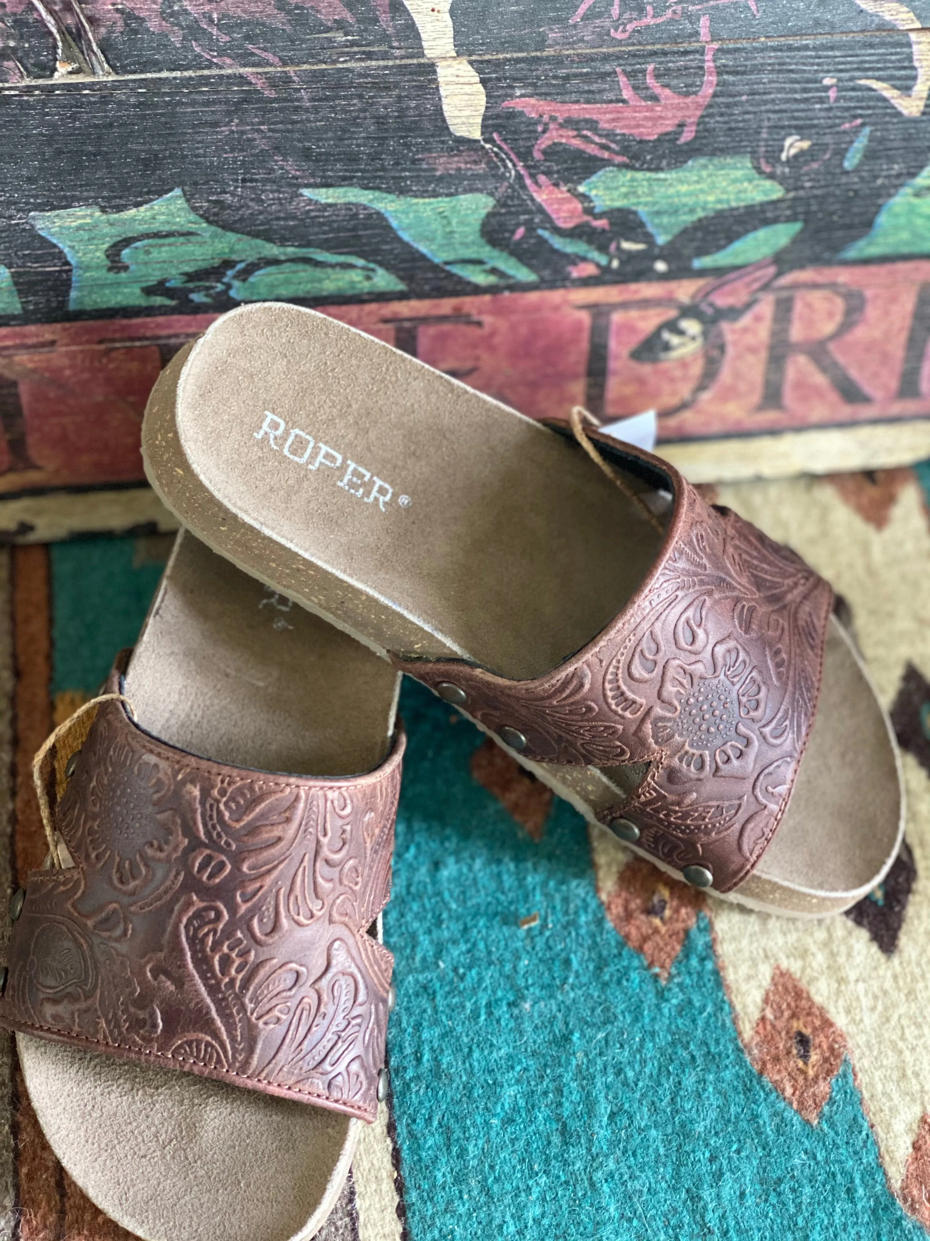 The Roper On Wagon Train Embossed Leather Studded Birk Sandal