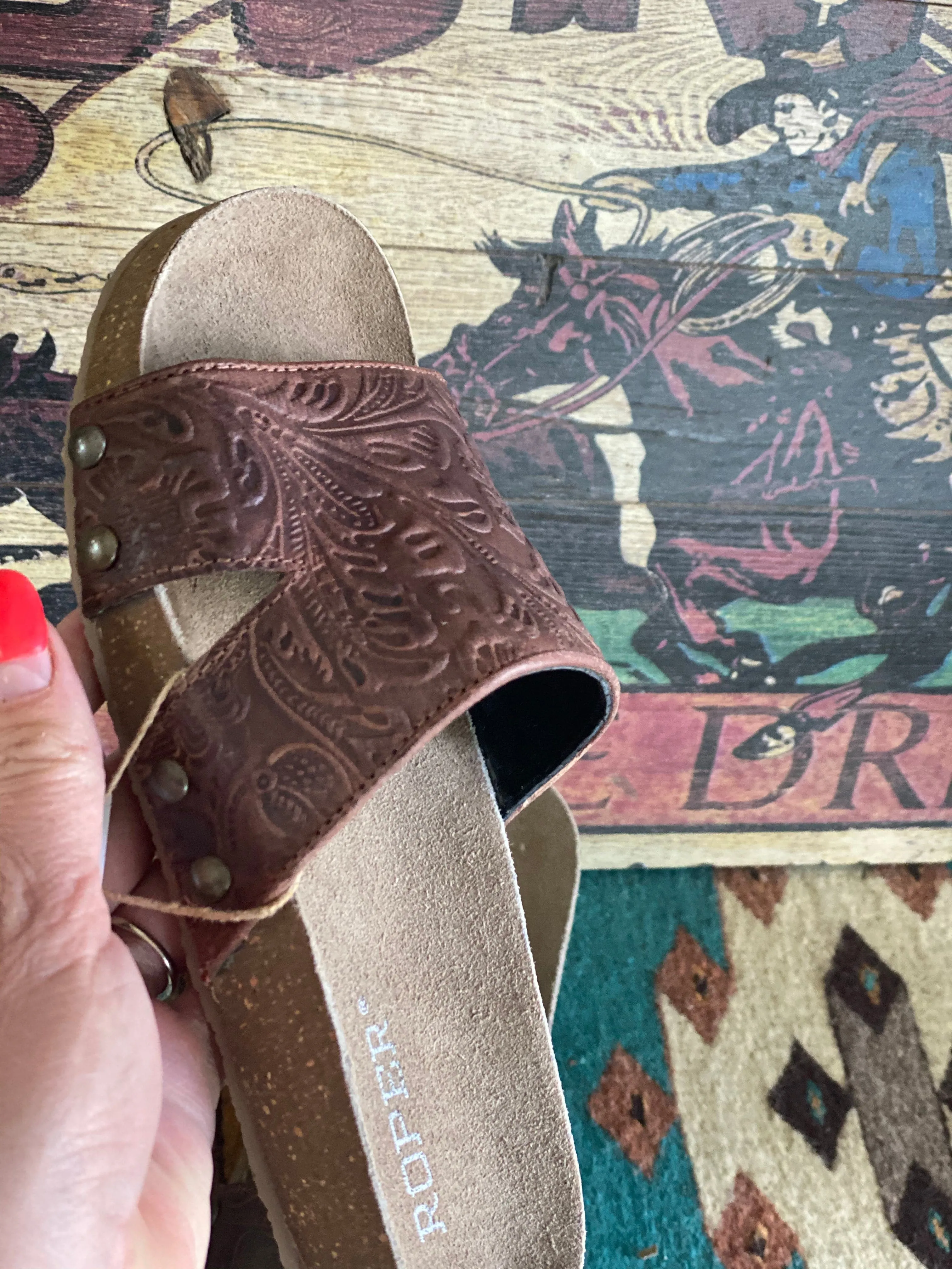 The Tan Wagon Train Embossed Leather Studded Birk Sandal