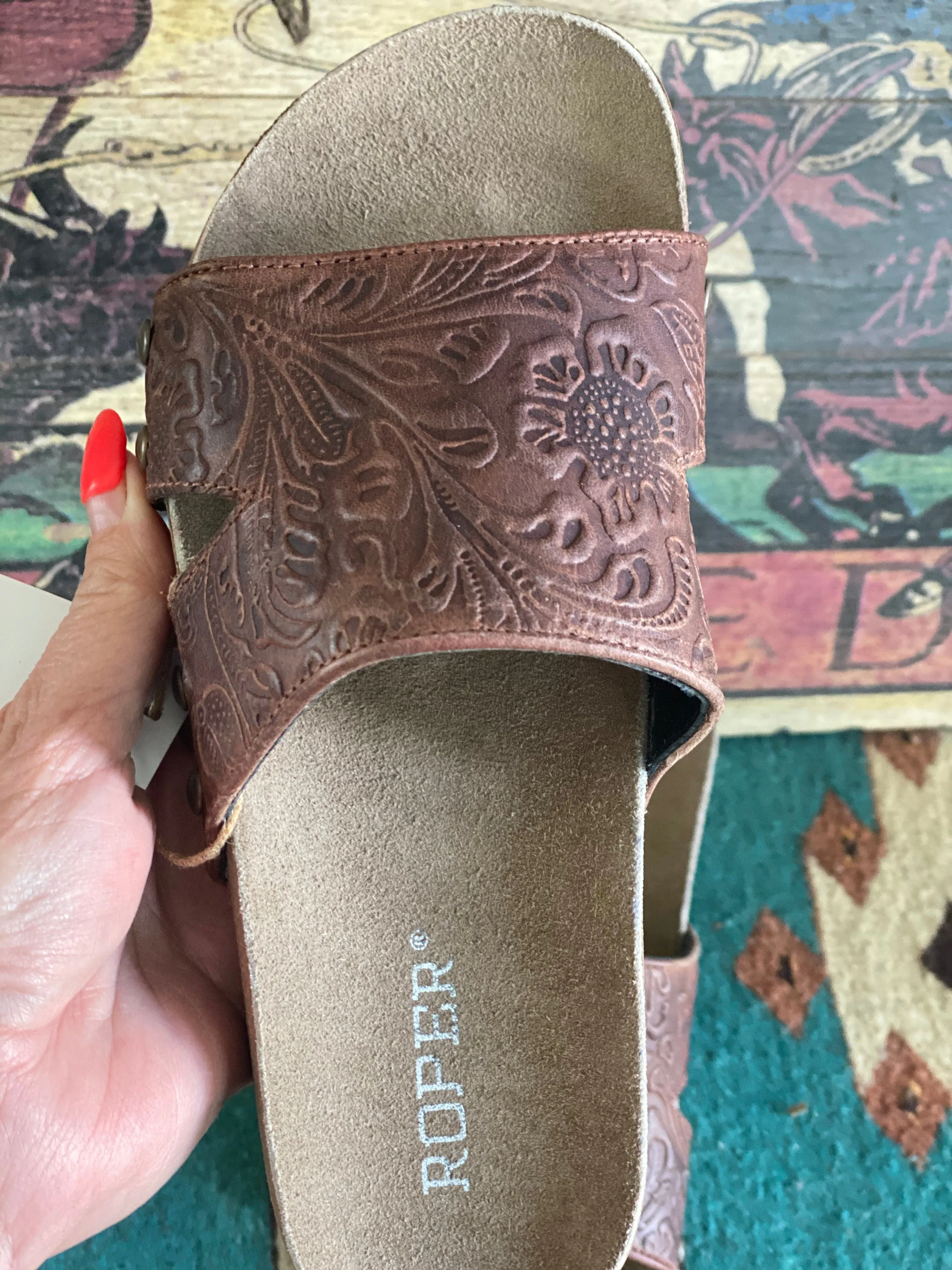 The Tan Wagon Train Embossed Leather Studded Birk Sandal