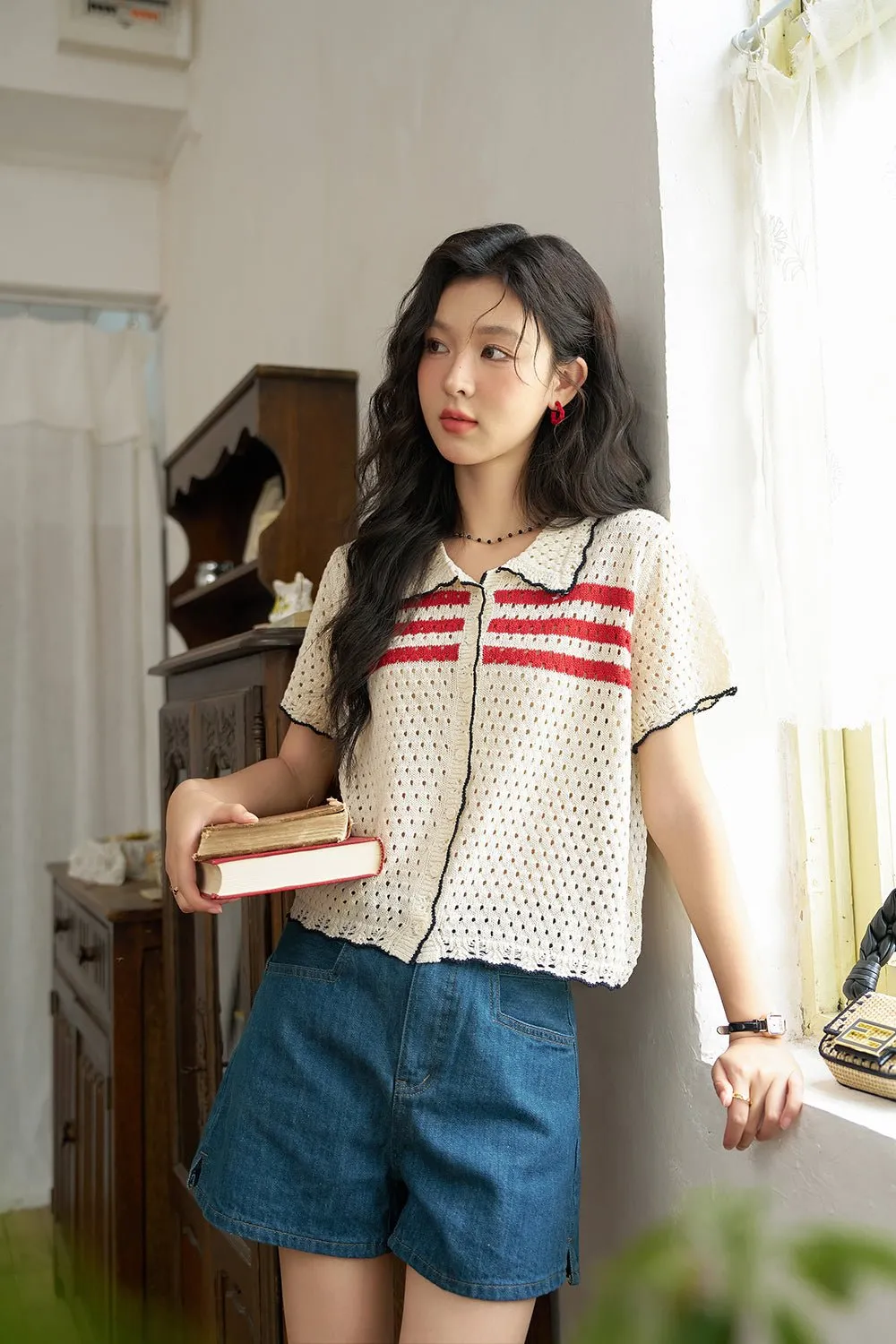 Turn-down Collar Knit Shirt for Women