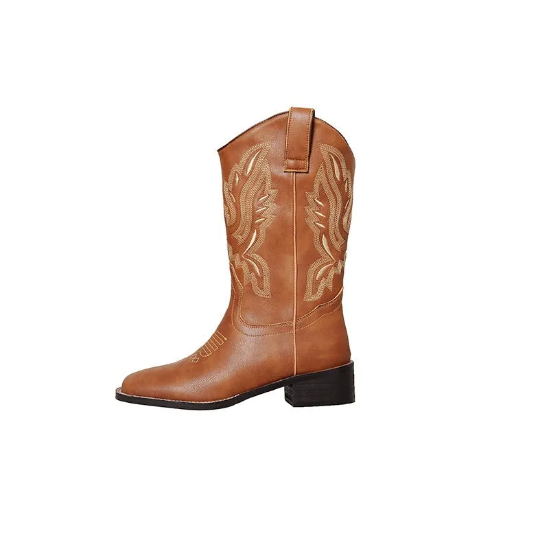 Western Boots for Womens Mid Calf Leather Boots Embroider- Black/Brown/Coffee Roper Cowgirl Boots