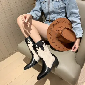 Western R Toe Boots Cowboy Boots Roper Cowgirl Boots Handmade Genuine Leather Mid Calf in Black/Beige