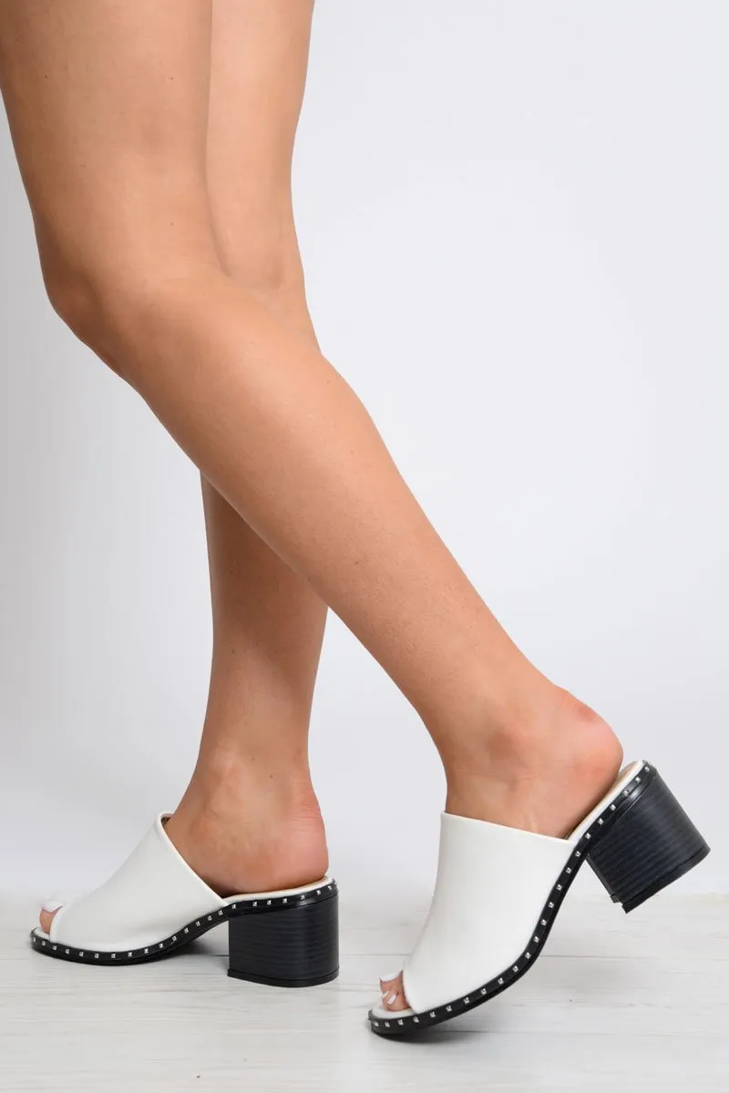 White PU Studded Slip On Block Heels - Hadie