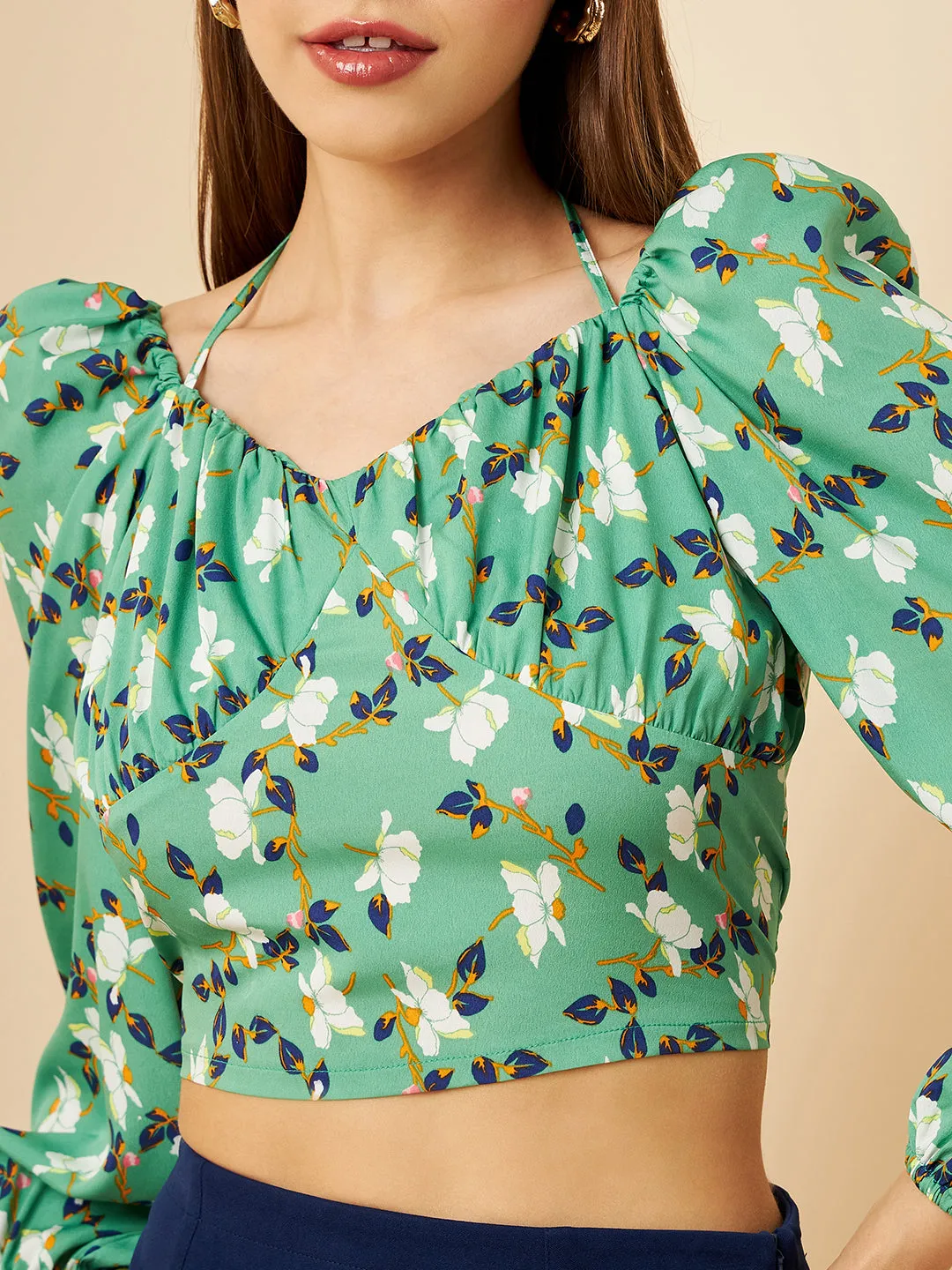 Women Green Print Colour Sweetheart Neck Floral Regular Top