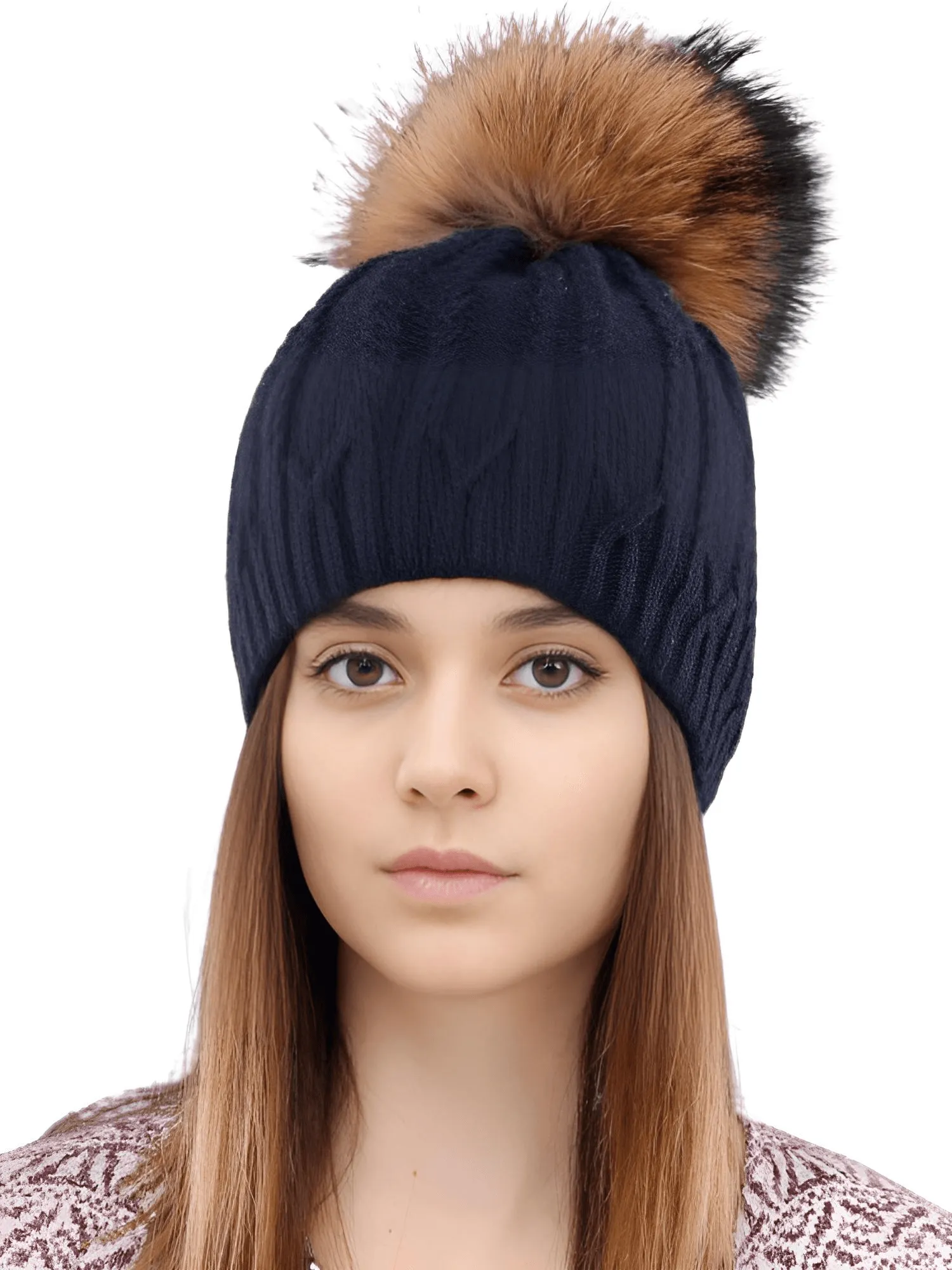 Women's Double Layer Knitted Hat With Real Fur Pompom