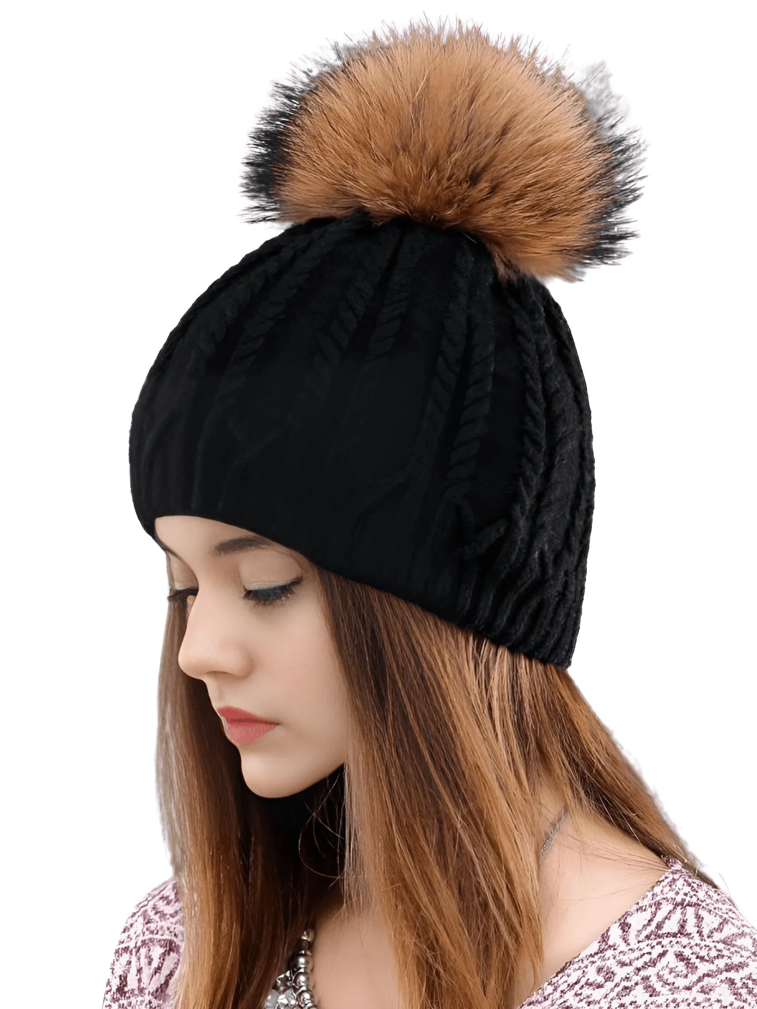 Women's Double Layer Knitted Hat With Real Fur Pompom