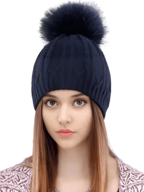 Women's Double Layer Knitted Hat With Real Fur Pompom