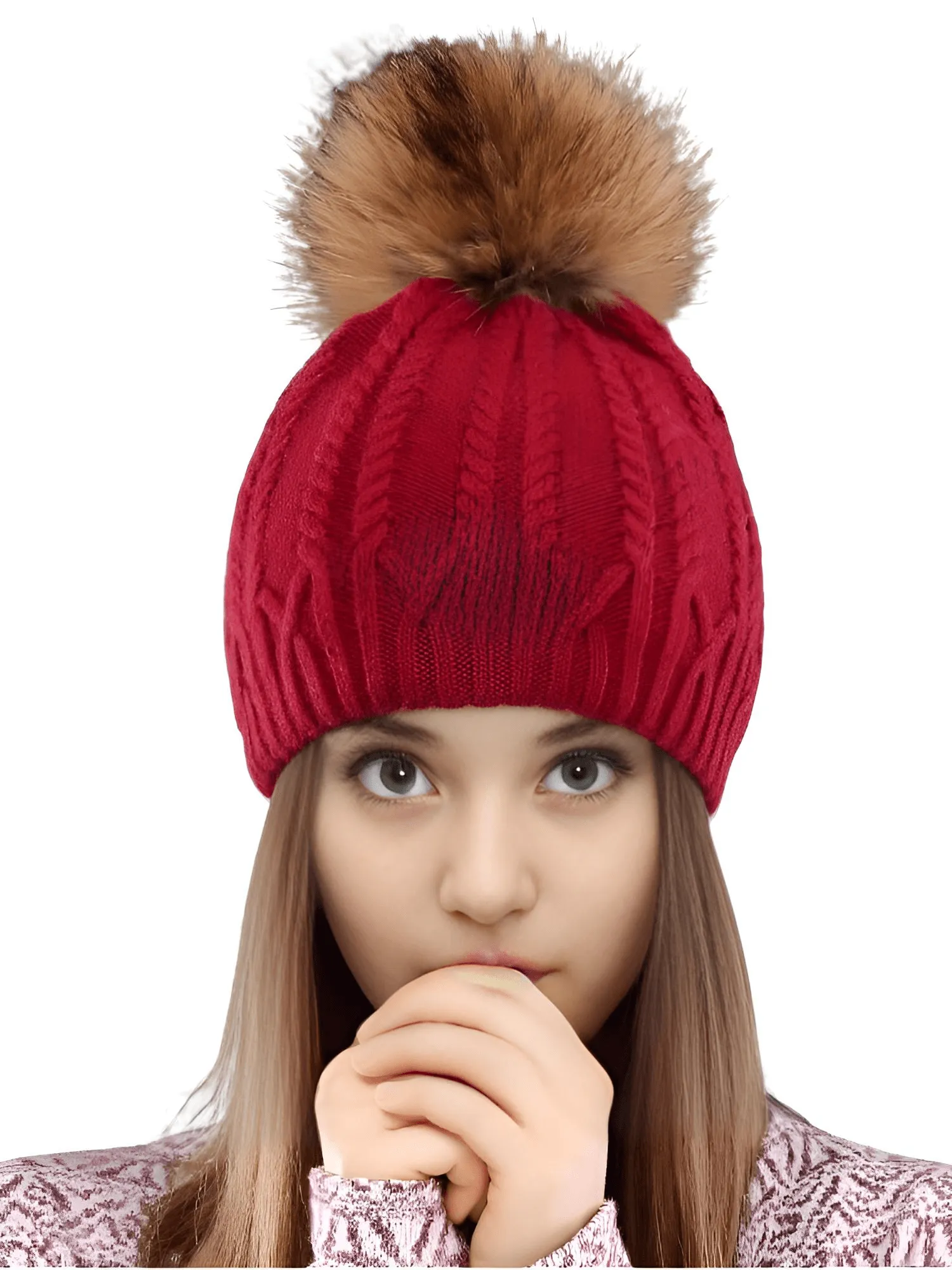 Women's Double Layer Knitted Hat With Real Fur Pompom