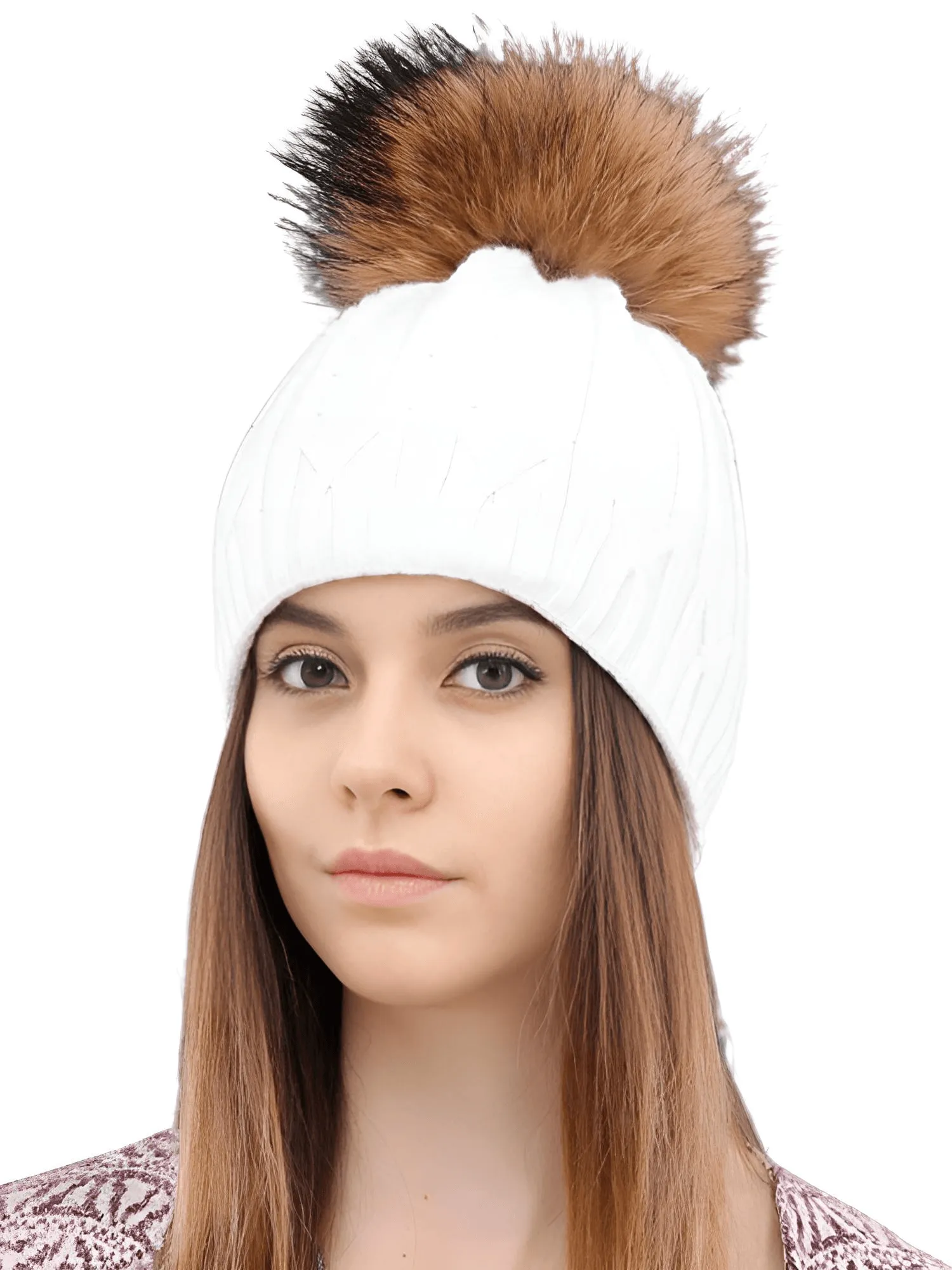 Women's Double Layer Knitted Hat With Real Fur Pompom