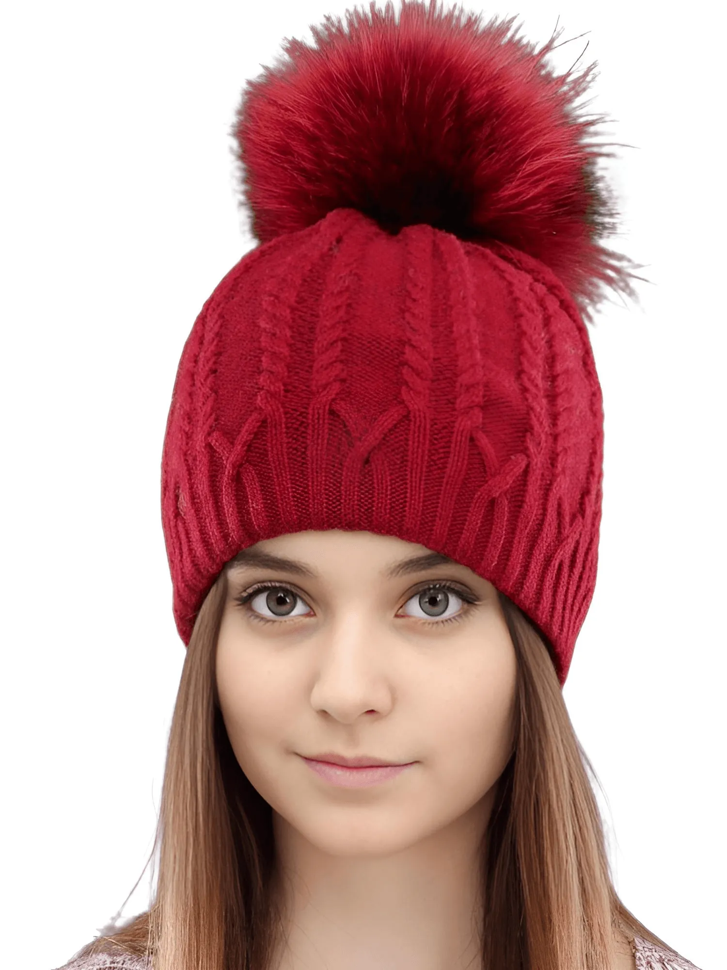 Women's Double Layer Knitted Hat With Real Fur Pompom