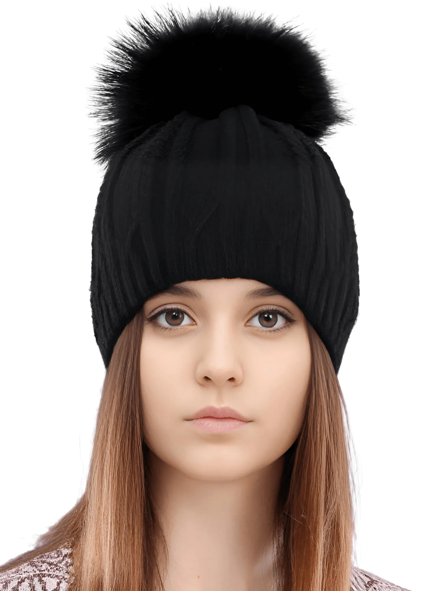 Women's Double Layer Knitted Hat With Real Fur Pompom