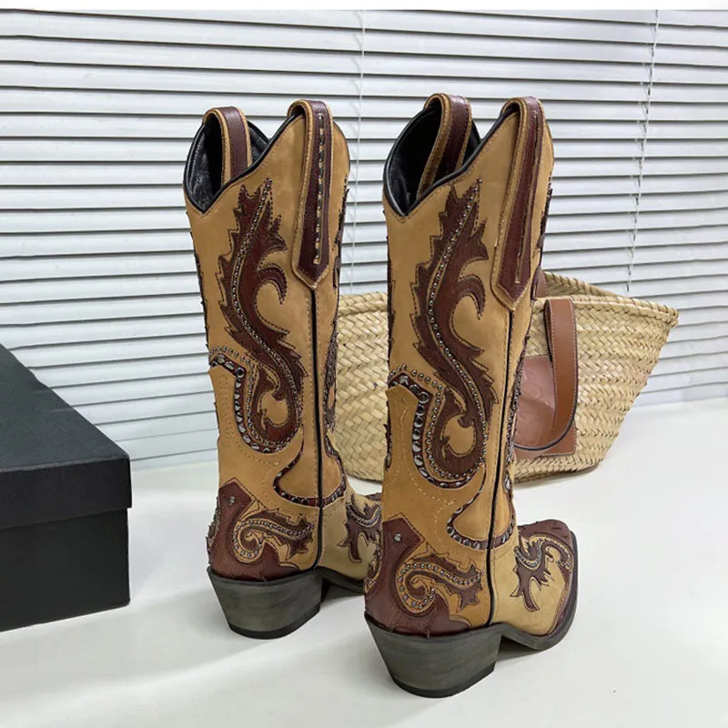 Womens Western Embroidered Boots Rivet Decorate- Brown Cowgirl Boots All Genuine Leather