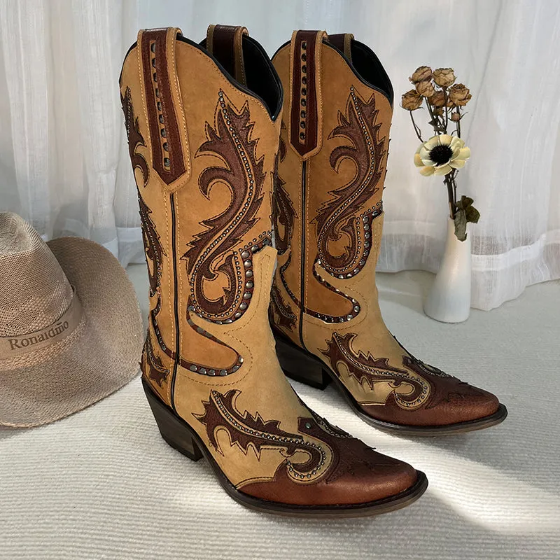 Womens Western Embroidered Boots Rivet Decorate- Brown Cowgirl Boots All Genuine Leather